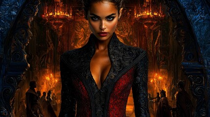 Fototapeta premium a woman in a black and red dress standing in front of a castle, surrounded by a group of people and illuminated by chandeliers The image is animated, giving it a d