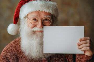 Naklejka premium Festive portrait of a joyful elderly man in a Santa hat, perfect for Christmas greetings, promotional holiday materials, and joyful announcements.
