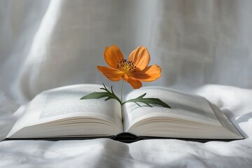 Orange flower nestled in open book on white backdrop.