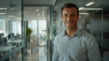 Obraz premium A professional man standing in an office environment, wearing a blue shirt