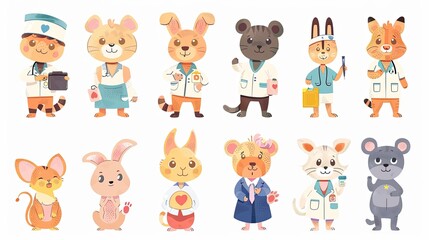 Set of cute animals doctors. Funny anthropomorphic pediatric medics. Health care cartoon characters. 