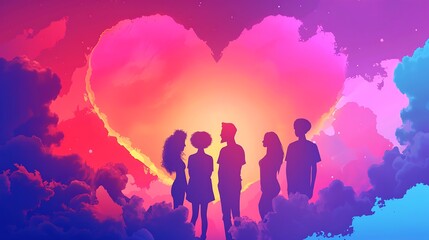 Fototapeta premium Silhouettes of five people stand before a vibrant heart-shaped sunset, symbolizing love and connection.