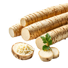 Horseradish with grated root in closeup on transparent background