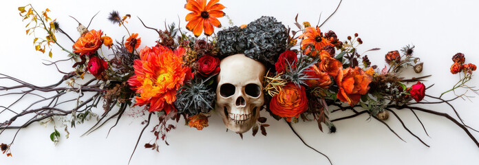 an artistic composition of flowers and branches, with a skull in the center.  