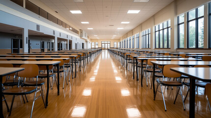 Spacious school cafeteria with wooden flooring