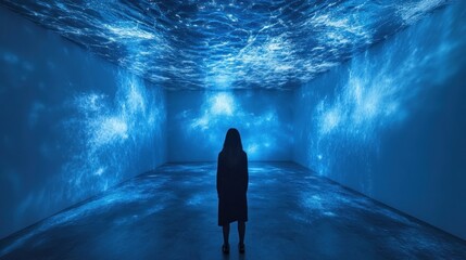 A solitary figure stands in a dimly lit room, captivated by projected blue waves illuminating the walls and ceiling, creating an immersive oceanic atmosphere.