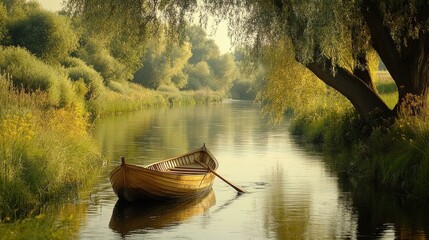 Serene River Landscape with Rowboat Amidst Lush Greenery in Golden Hour Light