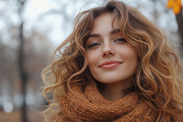 Naklejka premium young woman with a slight smile, wearing a warm brown scarf. She has wavy light brown hair, soft facial features and an expressive look. 