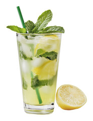 Fototapeta premium PNG Mint lemonade with lemon slice & straw
