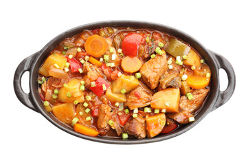 Delicious stew with vegetables in baking dish isolated on white, top view