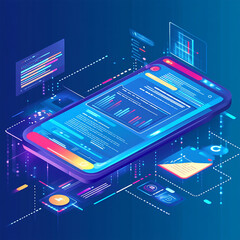 Smartphone application displaying business graphs and analytics data on an isometric mobile phone. It involves analyzing trends and financial strategies using infographic charts.