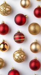 Christmas decoration and ornament, A festive arrangement of red and gold Christmas ornaments, showcasing various textures and designs on a light background.