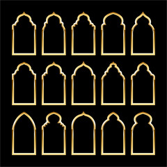 Islamic frames, oriental style. Golden arabic shapes, windows and arches. Traditional ornamental banner, frame. Muslim holidays, Ramadan Kareem. Modern eastern architecture. Vector illustration