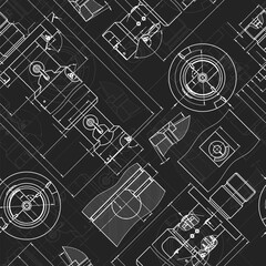 Mechanical engineering drawings on black background. Tap tools, borer. Technical Design. Cover. Blueprint. Seamless pattern. Vector illustration.