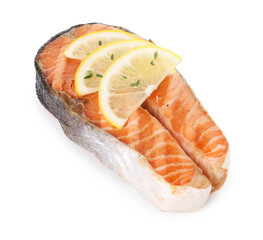 Tasty grilled salmon steak with lemon isolated on white