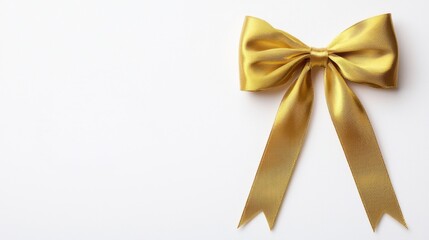 Fototapeta premium Christmas decoration and ornament, A shiny gold bow with textured ribbons against a white background, perfect for gift-wrapping or decorative purposes.