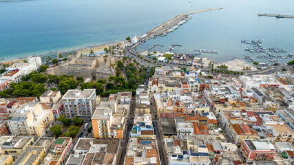 Aerial view of the castle of Manfredonia, in Puglia, Italy. It is a military structure built by the Aragonese and expanded in the eras of Swabian and Angevin domination. In background is Adriatic sea.