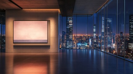 Fototapeta premium Empty modern office interior with large canvas display for Mockup and panoramic city views at night. 3D Rendering 8k High Resolution