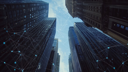 Smart digital Innovation Business skyscrapers in the Financial District with connection network reciprocity over the cityscape. of future smart wireless digital city and social media networking