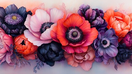  a vibrant painting of a bunch of colorful flowers on a white background The flowers are in full bloom, with a variety of colors including pink, yellow, and purple