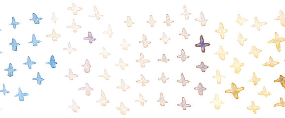 Abstract watercolor bird pattern in blue and yellow gradients on white background for creative design.