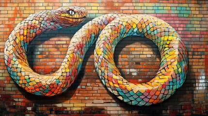 A graffiti of a giant snake winding across a brick wall, its scales meticulously detailed with bright, bold colors.