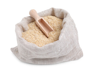Oat bran in sack and scoop isolated on white