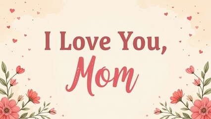 Obraz premium I love you mom inscription, card with flowers and pastel background. Concept care, birthday, congratulations, gift, surprise, party, copy space, lifestyle, holiday, anniversary, banner, poster,layout
