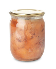 Canned meat in glass jar isolated on white