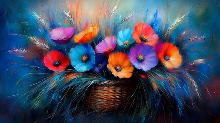  a painting of colorful flowers in a basket on a blue background The flowers are vibrant and varied in color, ranging from bright pinks and purples to deep blues an
