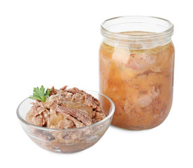 Canned meat in glass bowl, jar and parsley isolated on white