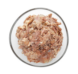 Canned meat in bowl isolated on white, top view