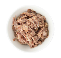 Canned meat in bowl isolated on white, top view