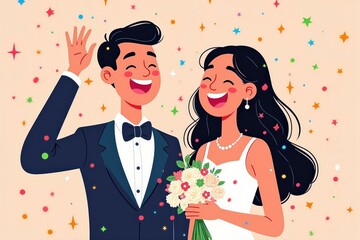 Celebrate Love with This Joyful Wedding Couple Illustration Perfect for Invitations, Greetings, and Romantic Decor