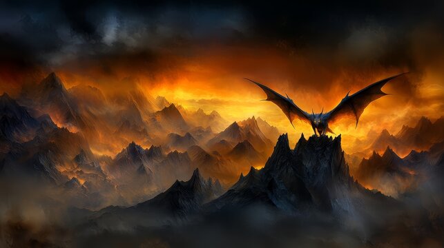  a majestic dragon soaring over a mountain range at sunset, with the sky filled with clouds and the sun setting in the background The dragon is animated, with its w