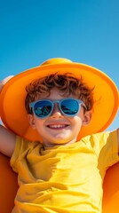 A cheerful boy wearing sunglasses and a bright yellow hat enjoys a sunny day at the beach, smiling for the camera in clear blue skies