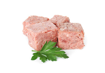 Canned meat with fresh parsley isolated on white