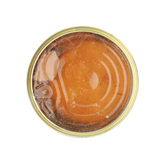 Canned meat in tin can isolated on white, top view
