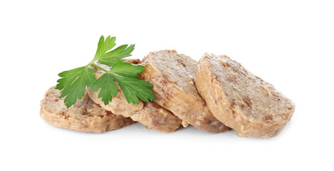 Canned meat with fresh parsley isolated on white