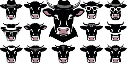 Black Angus cow silhouette set on white background.