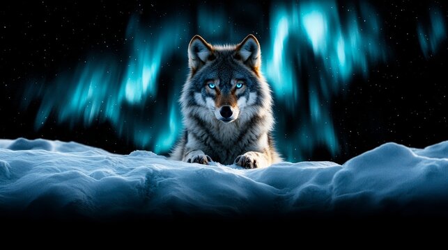  a wolf with blue eyes sitting in the snow under an aurora borealis, surrounded by stars in a dark background The resolution of the image is 1920x1080