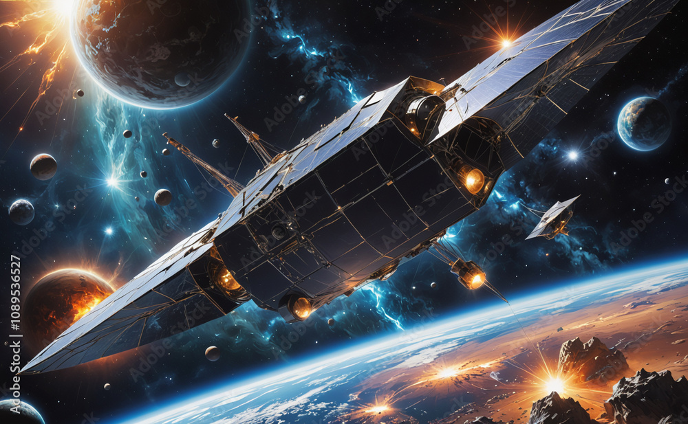 Poster A space ship is flying through space with a planet in the background. The ship is surrounded by many small rocks and debris