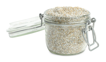 Rye bran in glass jar isolated on white