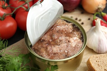 Canned meat in tin can and other products on table, closeup