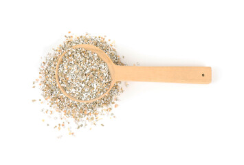 Rye bran in wooden spoon isolated on white, top view