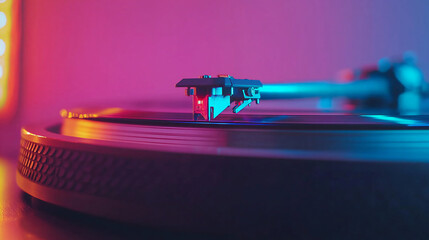 Needle of a record player playing a vinyl with club lights