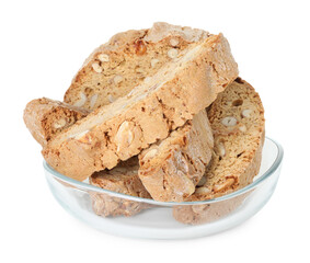 Traditional Italian almond biscuits (Cantucci) in glass bowl isolated on white