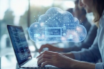 A person working on their laptop while surrounded by clouds, representing creativity and inspiration