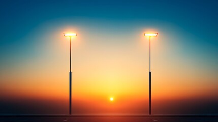 Two street lamps illuminate a serene sunset backdrop, creating a peaceful atmosphere, This image can be used for urban planning, lighting design, or to evoke feelings of tranquility and hope,
