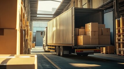 A truck unloading boxes from the back, ready for delivery in an industrial warehouse setting